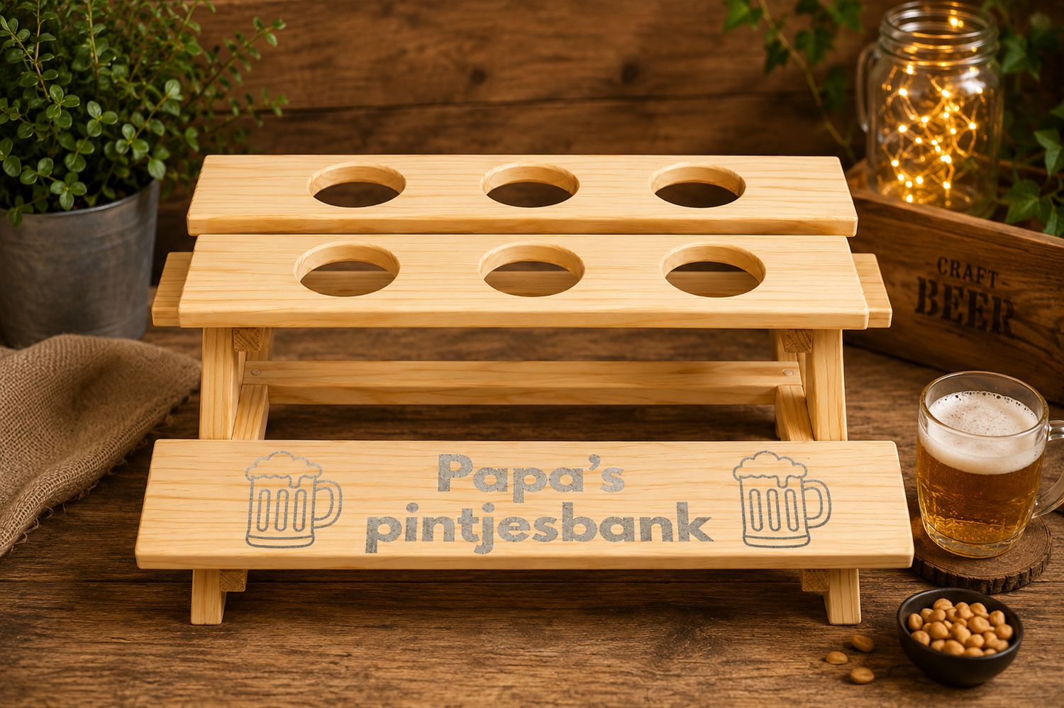 Papa’s Pintjesbank – Houten Bierhouder voor 6 Flesjes – 39 x 37 x 16,5 cm  | Kadelidootjes
