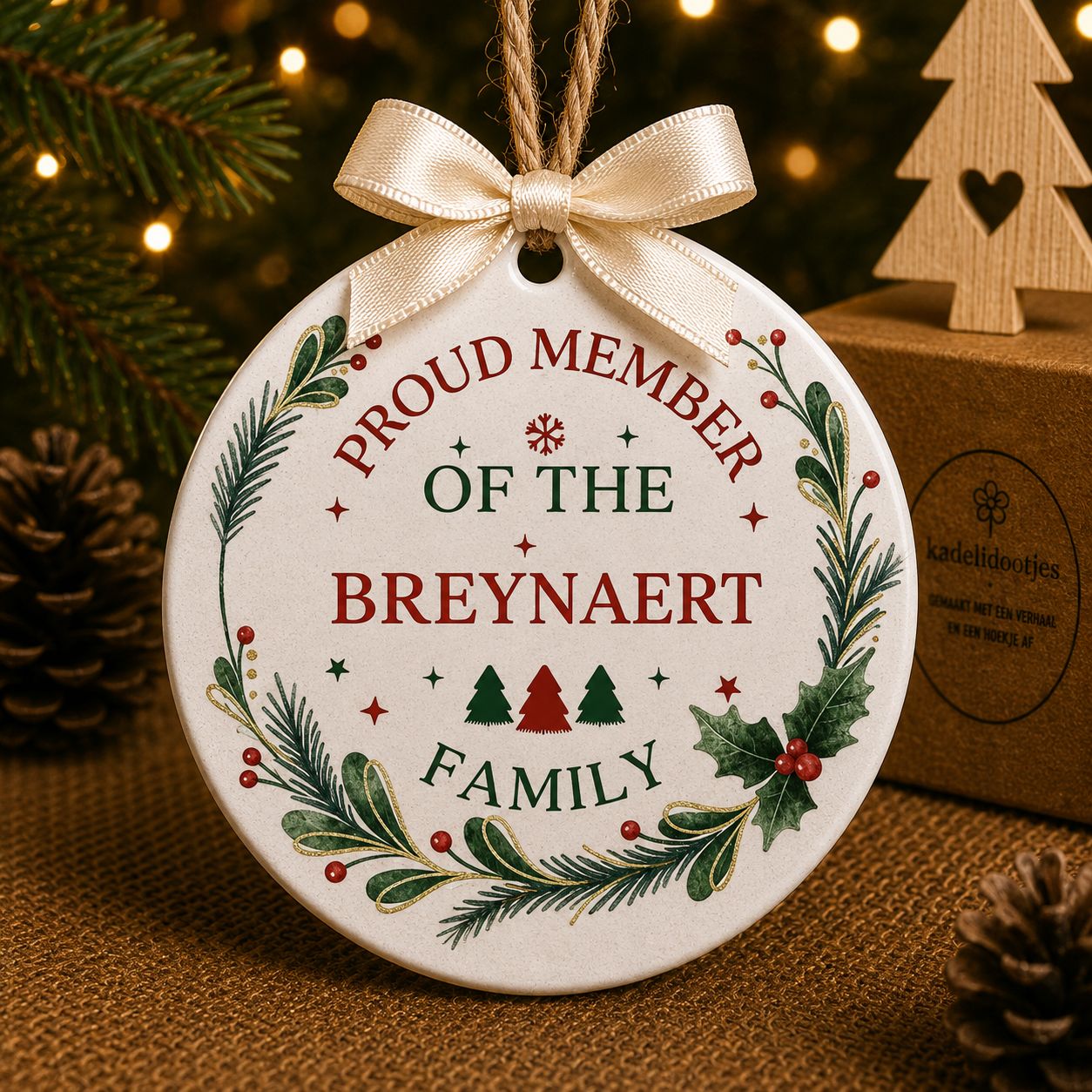Gepersonaliseerd Kerst Ornament met Naam – Proud Member of the Family – 8 cm | Kadelidootjes