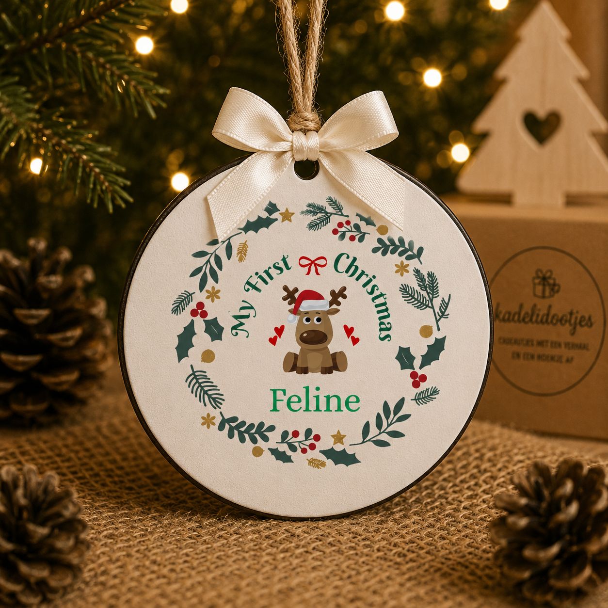 Mijn Eerste Kerst Ornament met Naam – Rendier – 8 cm | Kadelidootjes