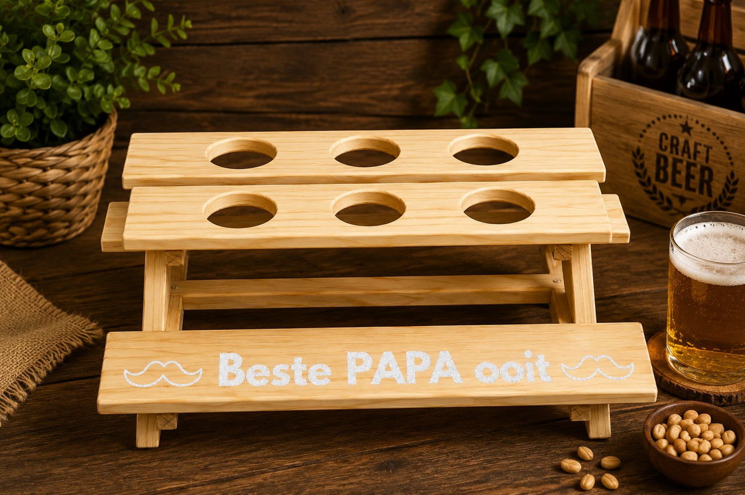 Beste Papa Ooit Bierbank – Houten Bierhouder voor 6 Flesjes – 39 x 37 x 16,5 cm  | Kadelidootjes