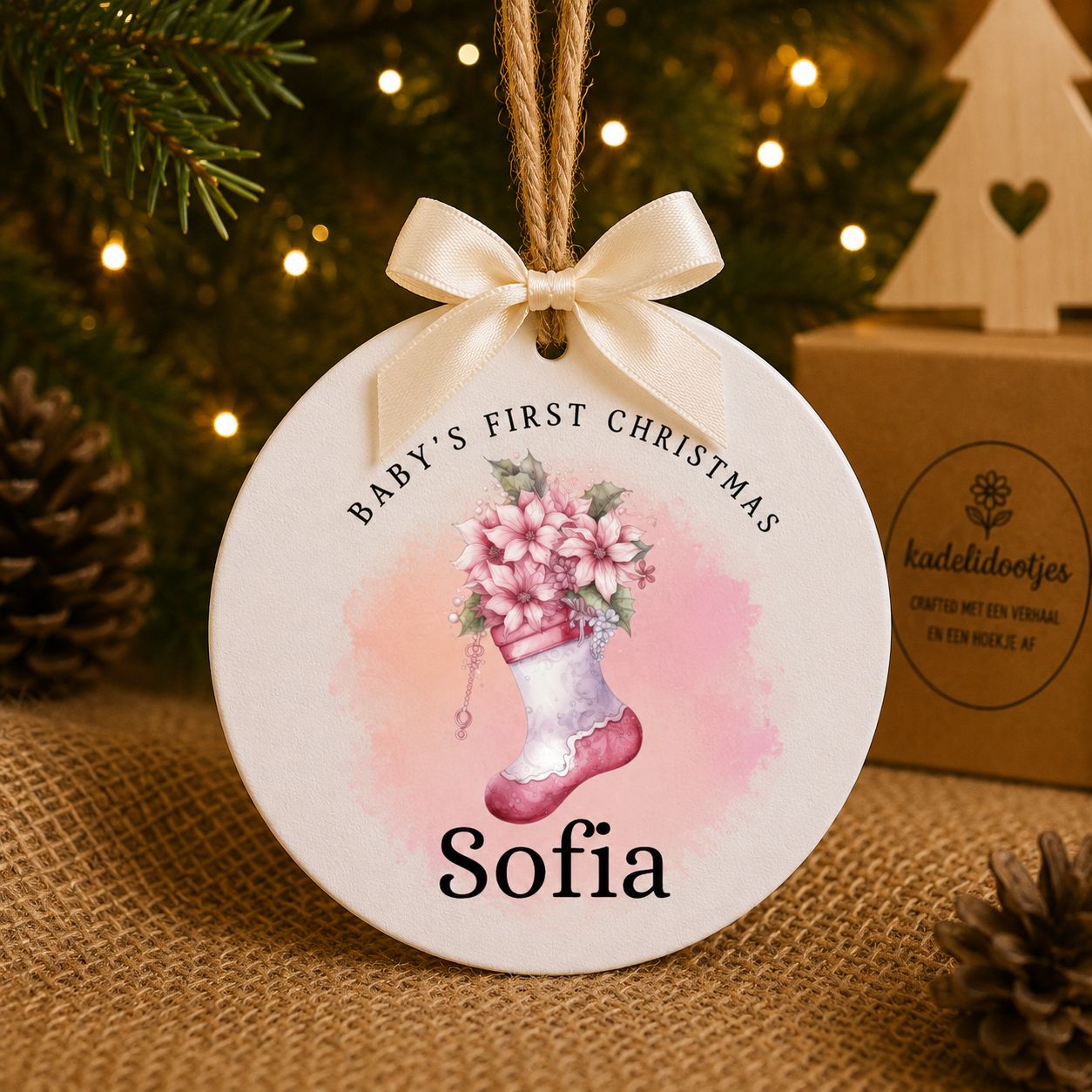 Baby’s Eerste Kerst Ornament met Naam – Roze Kerstsok – 8 cm | Kadelidootjes