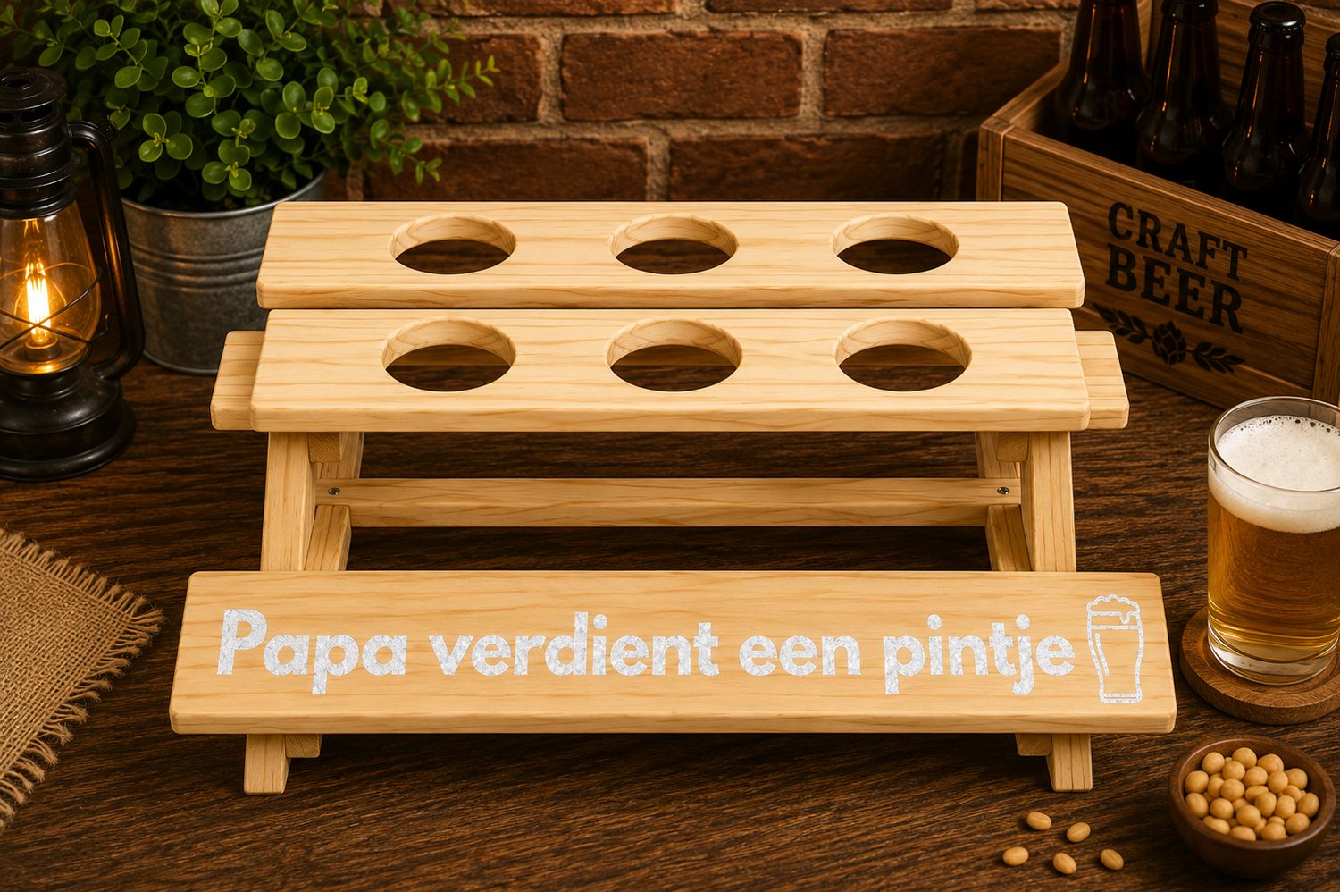Papa Verdient een Pintje Bierbank – Houten Bierhouder voor 6 Flesjes – 39 x 37 x 16,5 cm  | Kadelidootjes