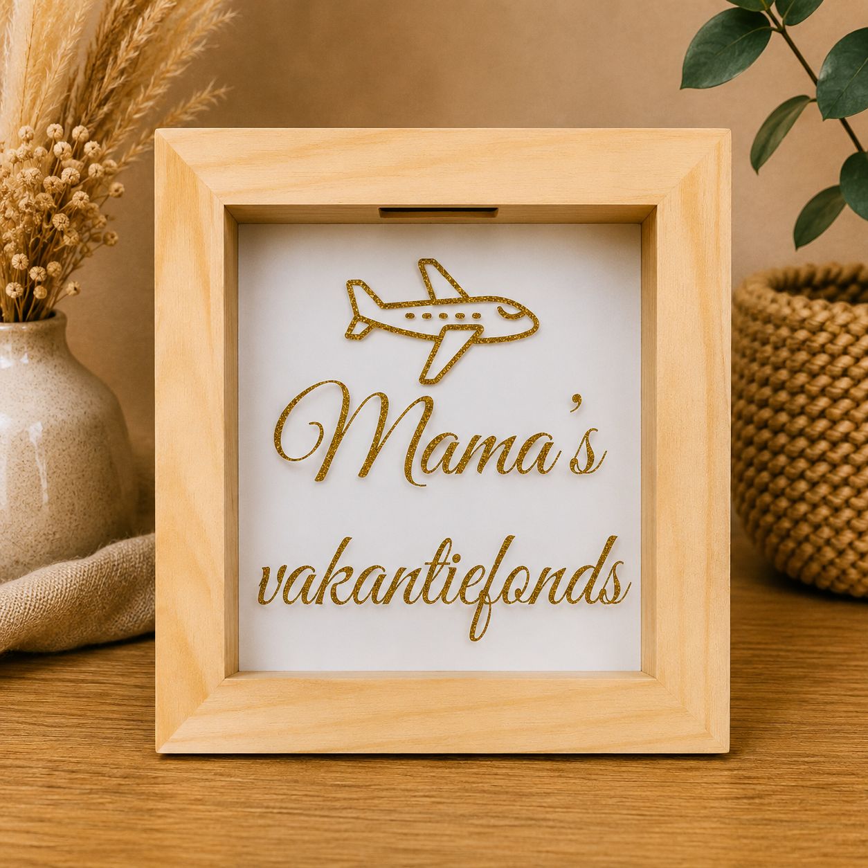 Mama’s Vakantiefonds – Houten Spaarpot met Plexiglas | Kadelidootjes