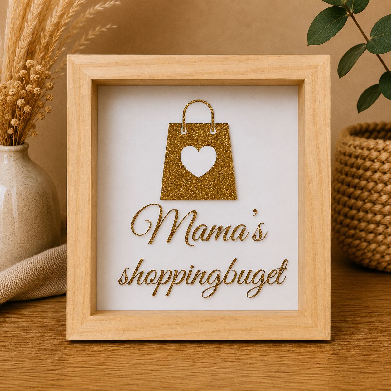 Mama’s Shoppingbudget – Houten Spaarpot met Plexiglas | Kadelidootjes