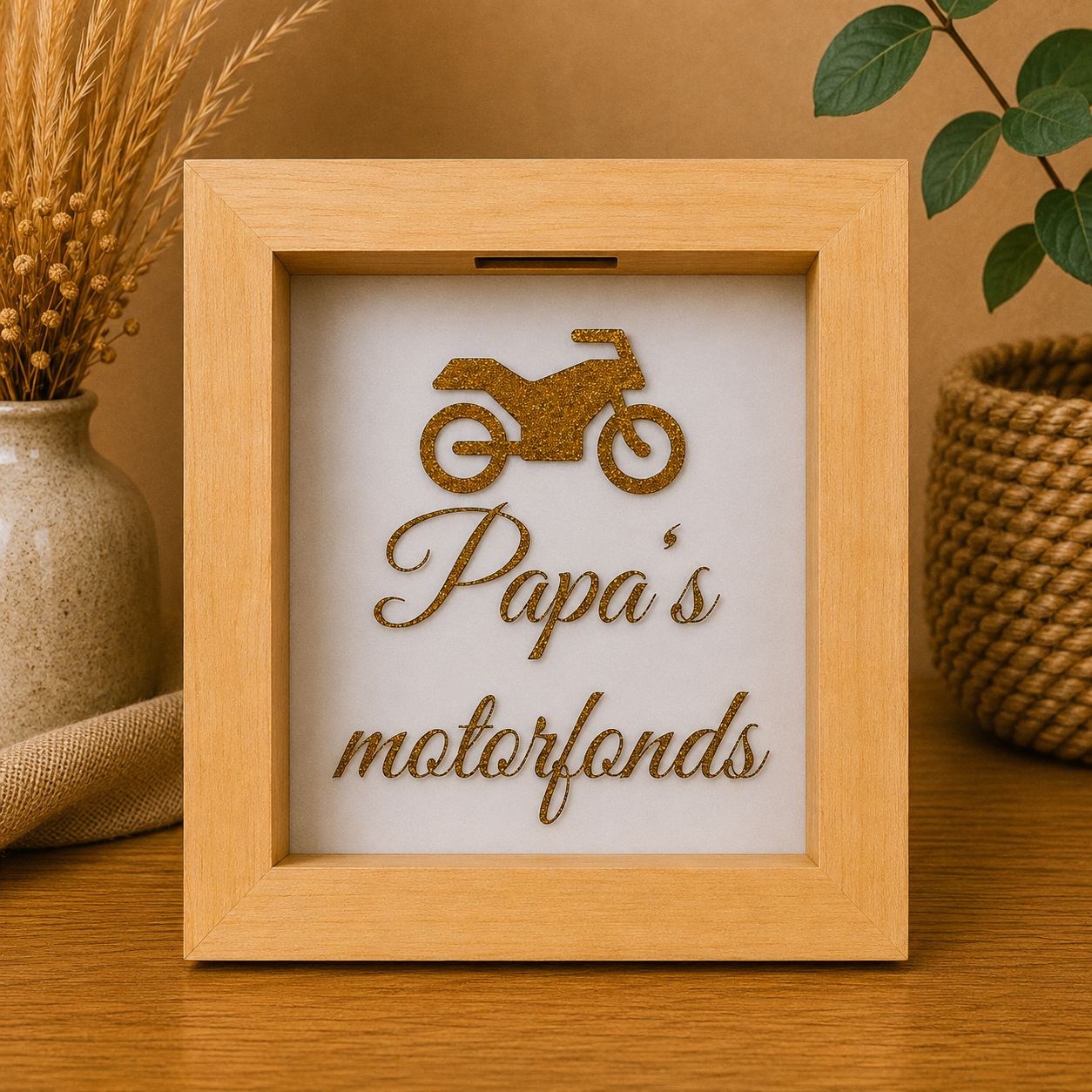Papa’s Motorfonds – Houten Spaarpot met Plexiglas | Kadelidootjes