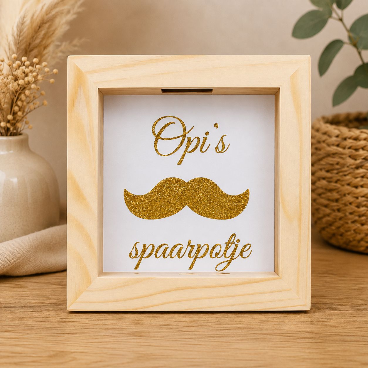 Opi’s Spaarpotje – Houten Spaarpot met Snor voor Opi | Kadelidootjes