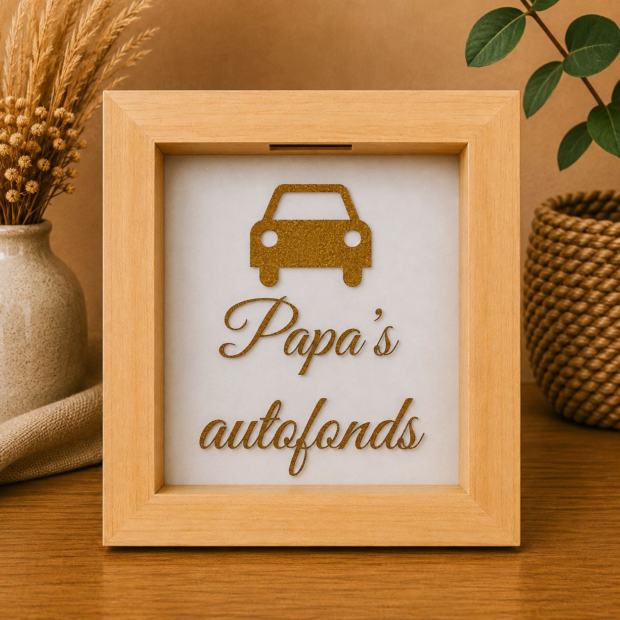 Papa’s Autofonds – Houten Spaarpot met Plexiglas | Kadelidootjes