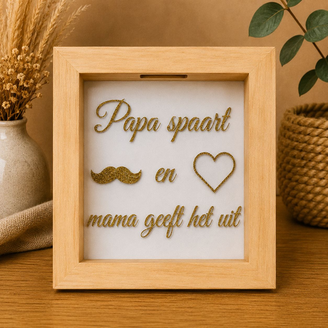 Papa Spaart en Mama Geeft Het Uit – Houten Spaarpot | Kadelidootjes