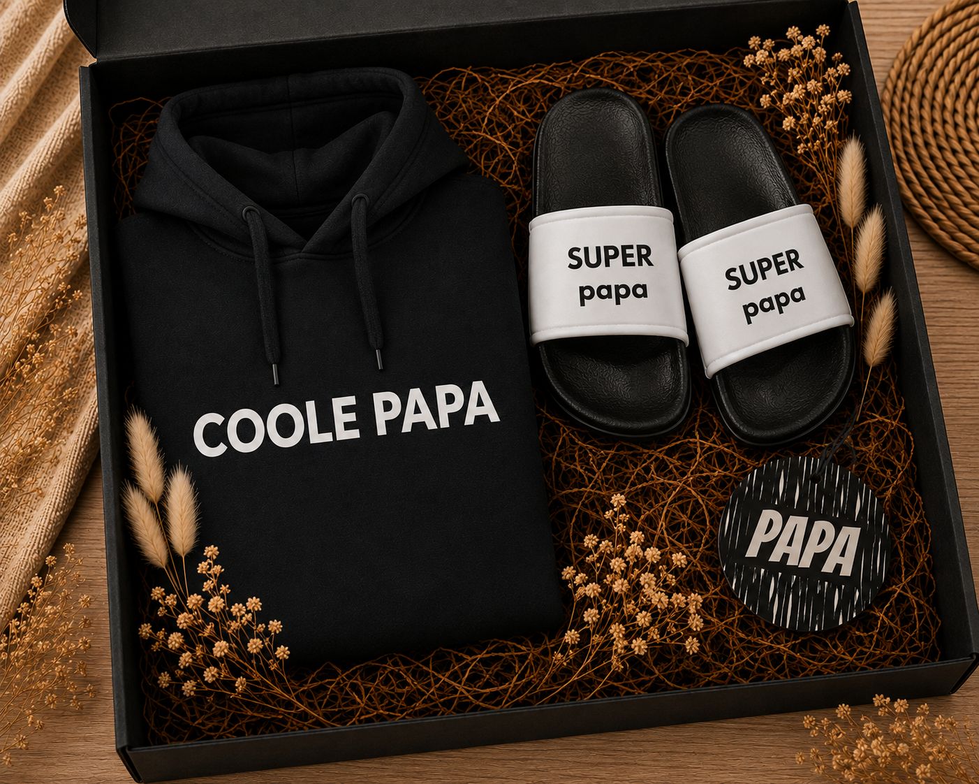 Coole Papa Cadeaubox – Hoodie, Super Papa Slippers &amp; Geschenk | Kadelidootjes