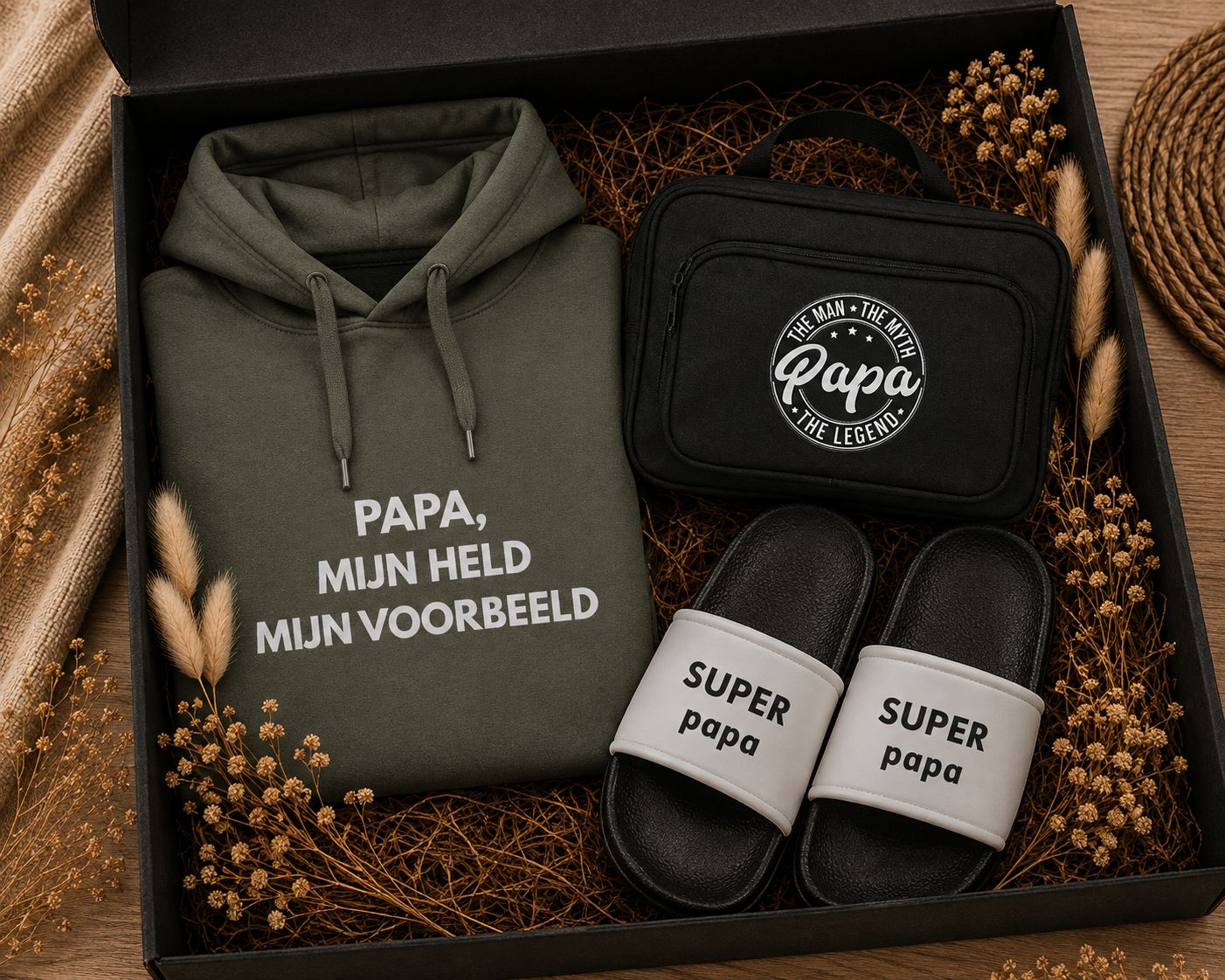 Papa Mijn Held Cadeaubox – Hoodie, Slippers &amp; Toilettas | Kadelidootjes