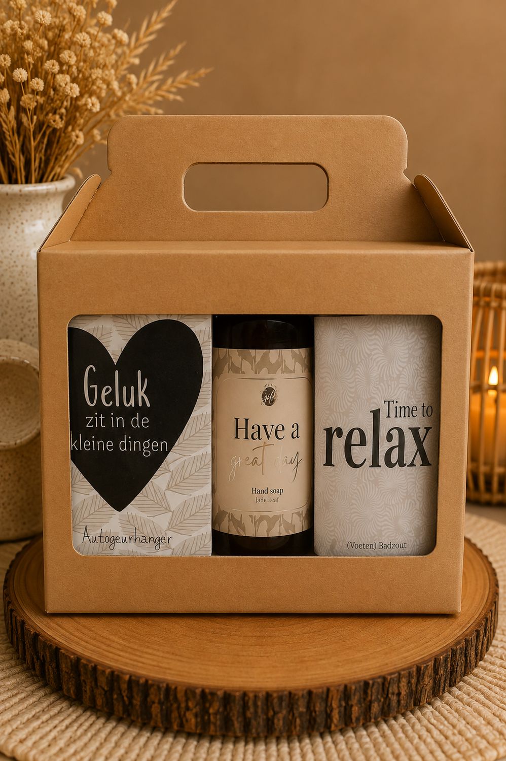 Wellness Cadeaubox – Badzout, Handzeep &amp; Autogeurhanger | Kadelidootjes