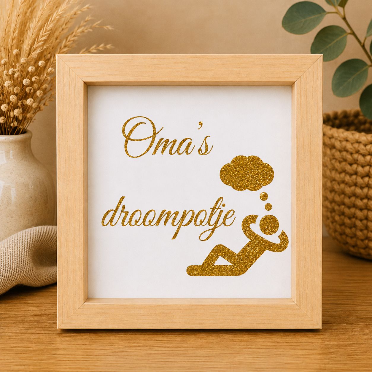 Oma’s Droompotje – Houten Spaarpot met Gouden Glitter | Kadelidootjes