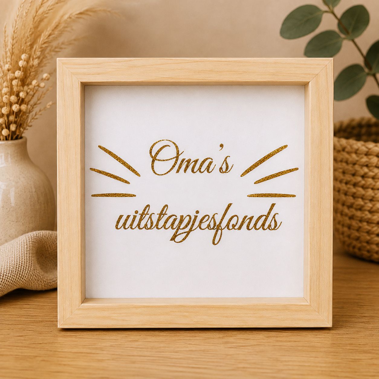 Oma’s Uitstapjesfonds – Houten Spaarpot met Gouden Glitter | Kadelidootjes
