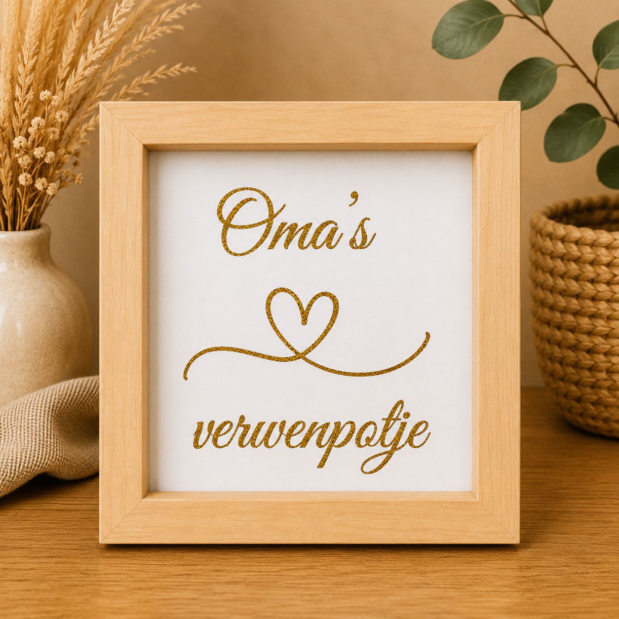 Oma’s Verwenpotje – Houten Spaarpot met Gouden Glitter | Kadelidootjes