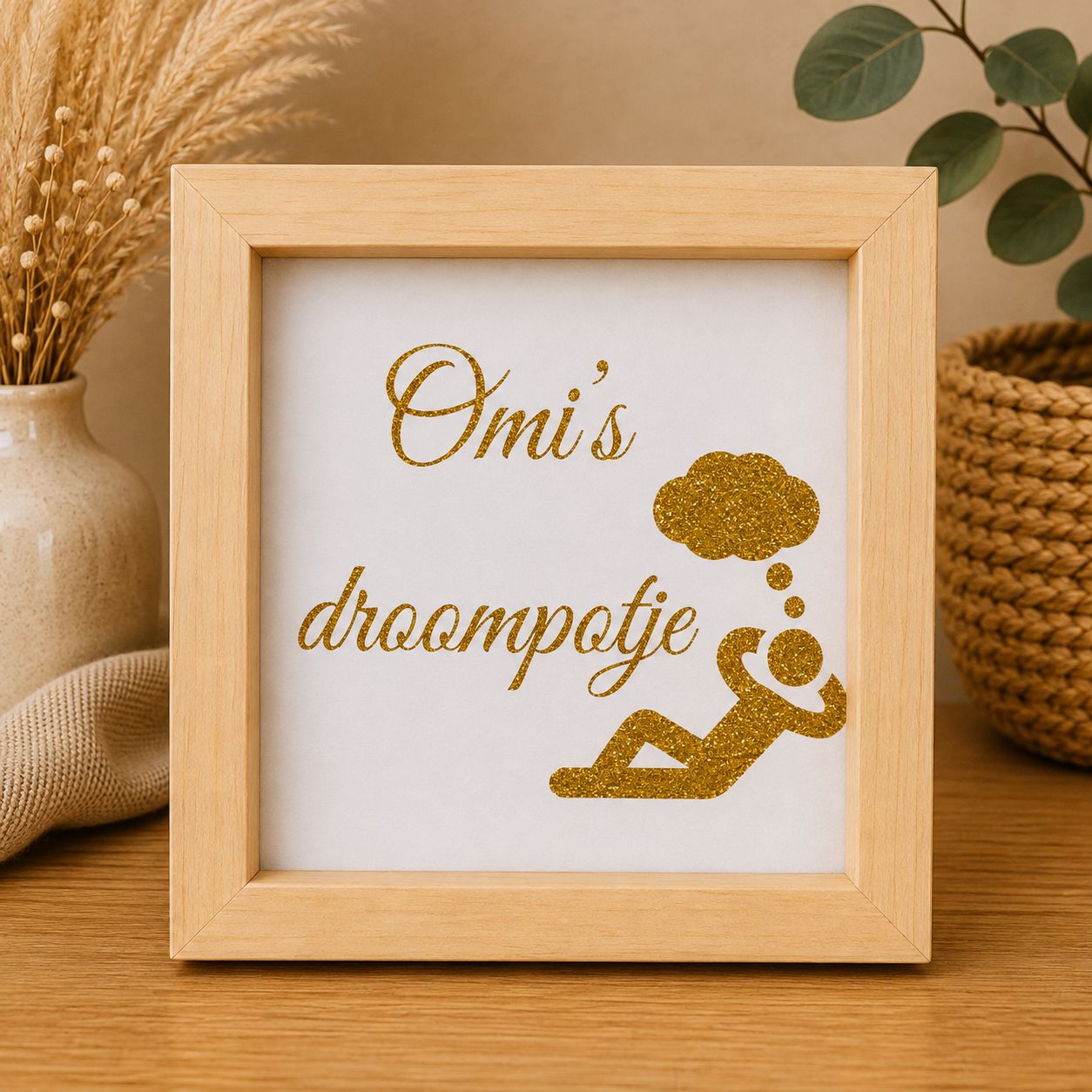 Omi’s Droompotje – Houten Spaarpot met Gouden Glitter | Kadelidootjes