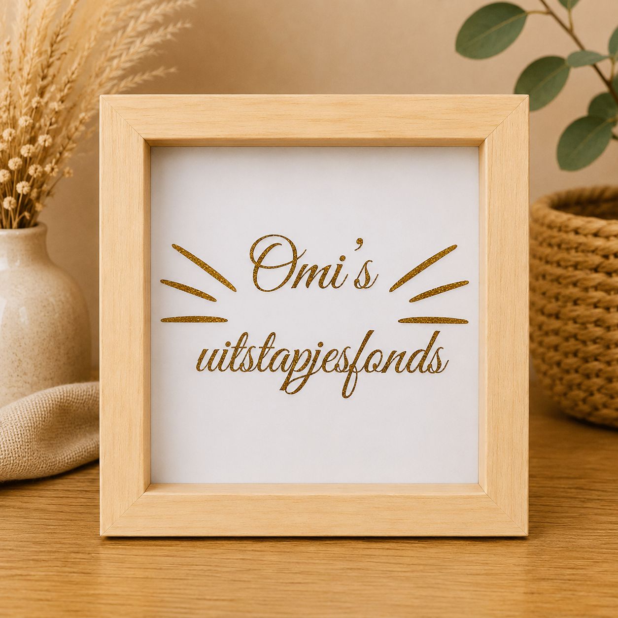Omi’s Uitstapjesfonds – Houten Spaarpot met Gouden Glitter | Kadelidootjes