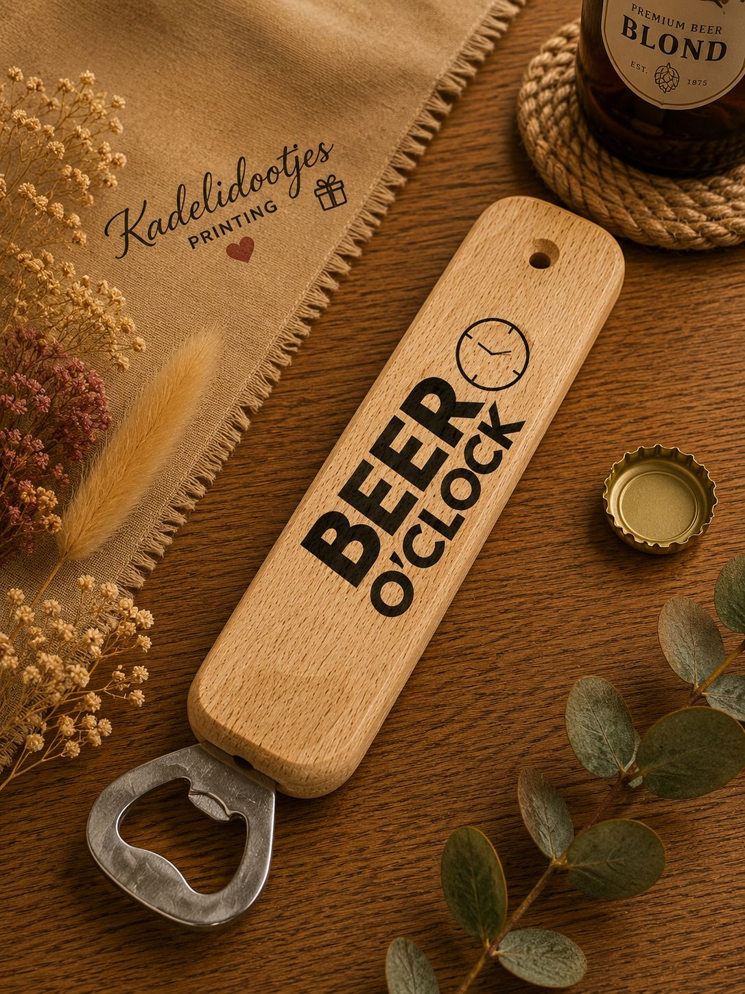 Beer O’Clock Flesopener met Tekst – Houten Bieropener 25 cm | Kadelidootjes