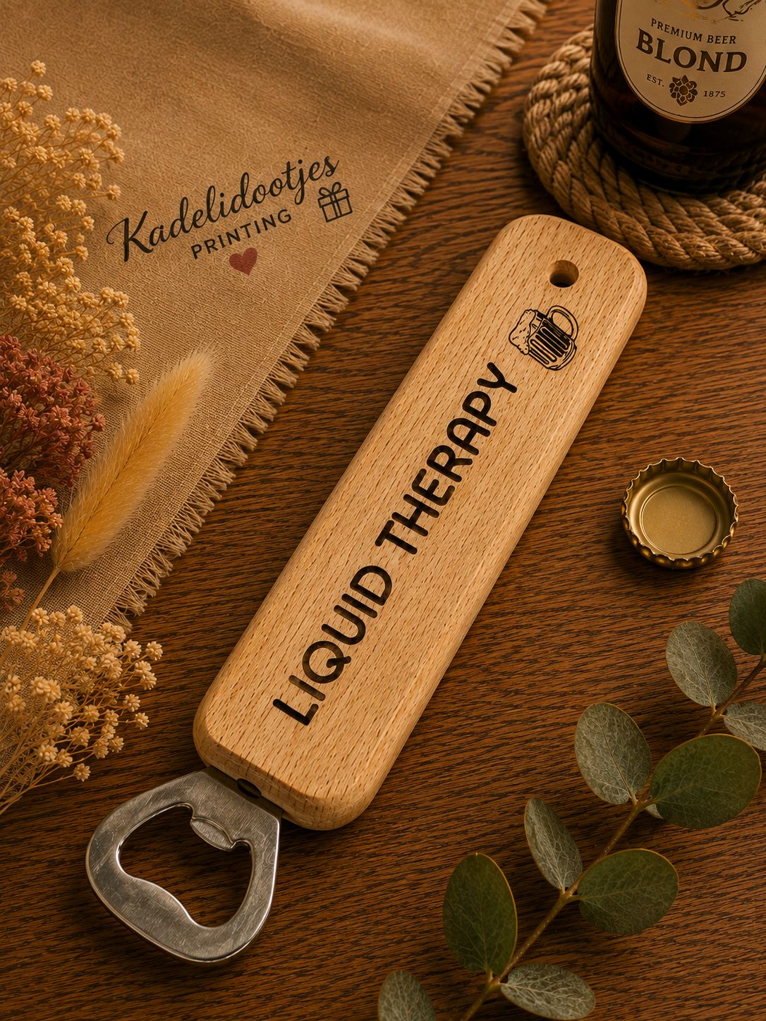 Liquid Therapy Flesopener met Tekst – Houten Bieropener 25 cm | Kadelidootjes