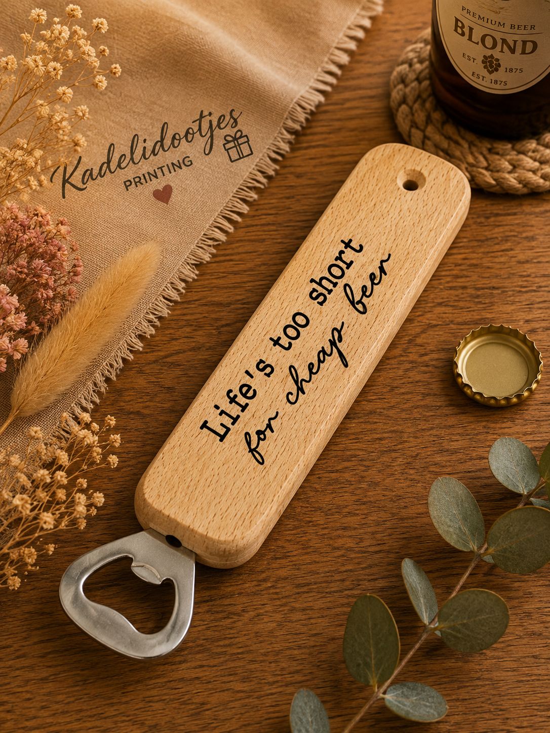 Life’s Too Short for Cheap Beer Flesopener – Houten Bieropener 25 cm | Kadelidootjes