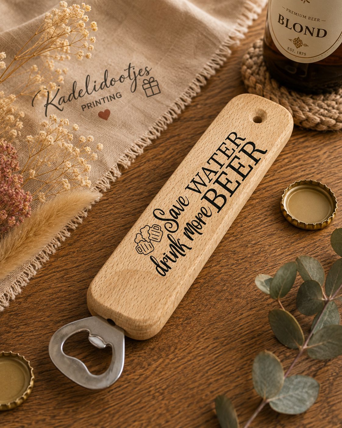Save Water Drink More Beer Flesopener – Houten Bieropener 25 cm | Kadelidootjes