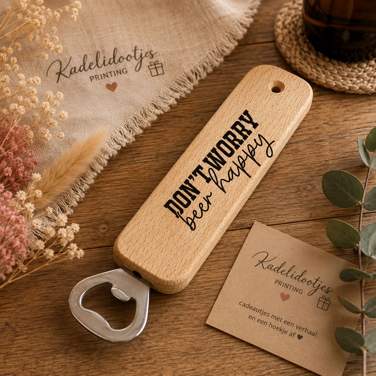 Don’t Worry Beer Happy Flesopener – Houten Bieropener 25 cm | Kadelidootjes