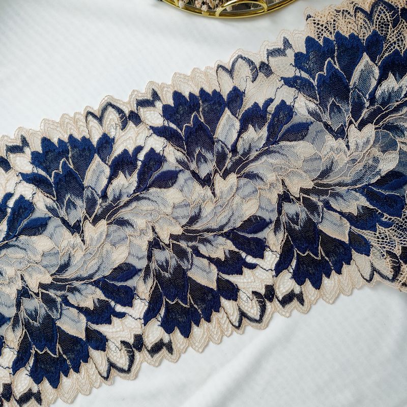 Beige and blue stretch lace – 20 cm wide floral trim

