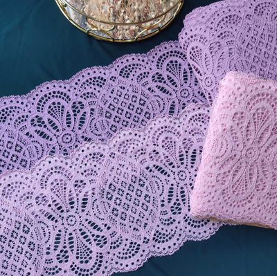 corded elastic laces in soft pink and lilac with scalloped floral design