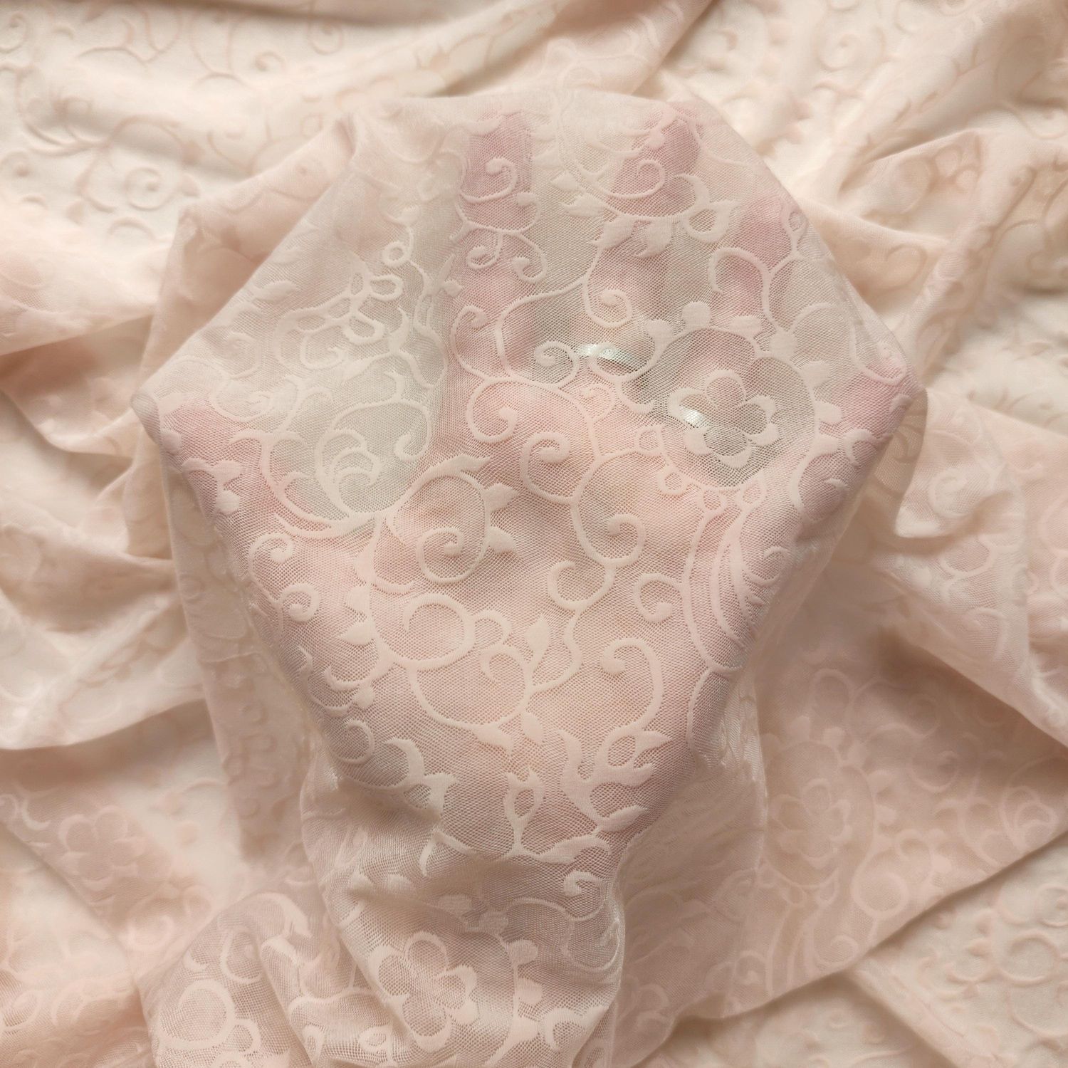 Beige Stretch Mesh Fabric with Flocked Floral Pattern