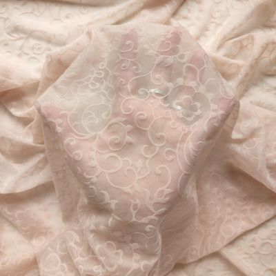Beige Stretch Mesh Fabric with Flocked Floral Pattern