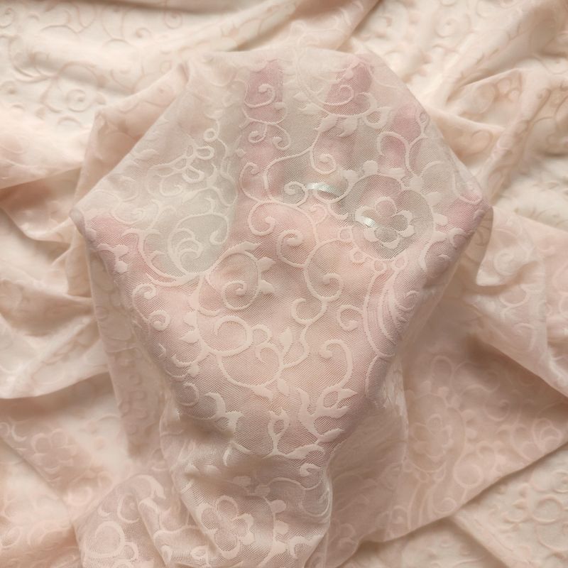 Beige Stretch Mesh Fabric with Flocked Floral Pattern