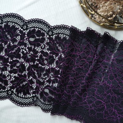 Black stretch lace with purple cord embroidery

