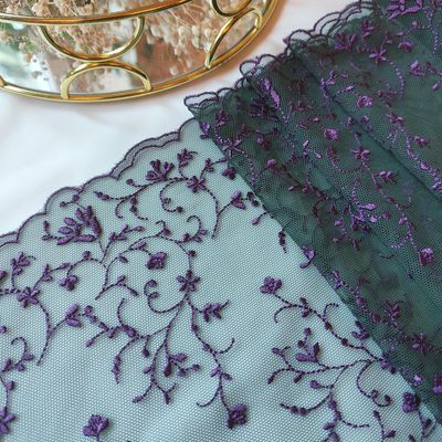 Dark Green and Purple Embroidered Lace – Non-Stretch