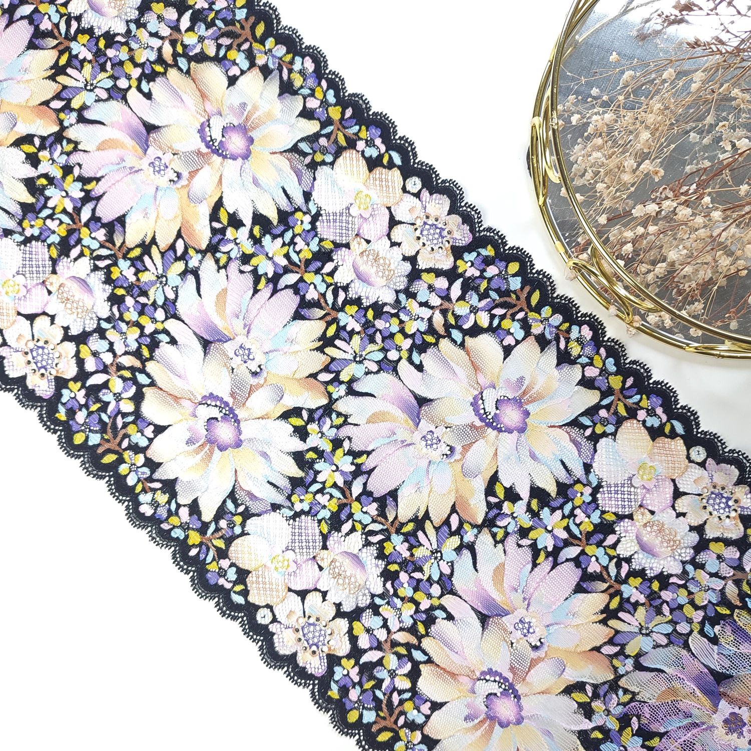 Stretch black multicolour Lace trim with flowers pattern for sewing lingerie, elastic black lace, Fabric for Bra Making