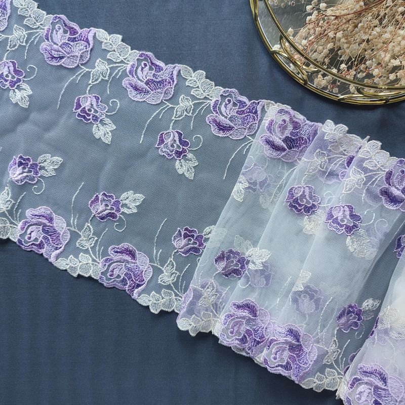Lilac Floral Embroidered Stretch lace Tulle