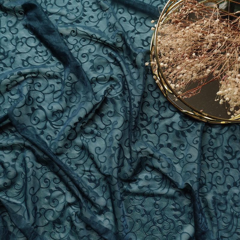 Teal Scroll Pattern Stretch Mesh