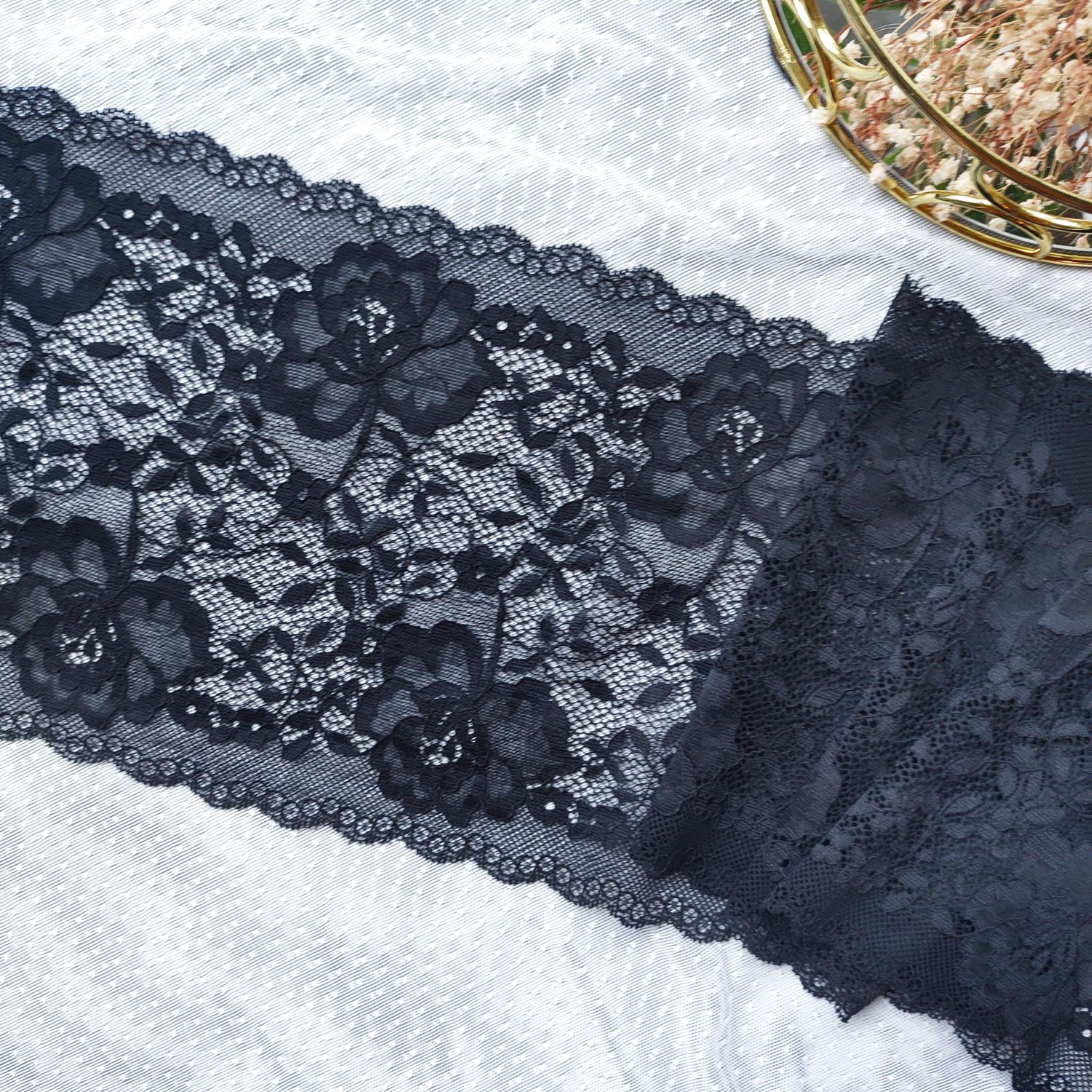 Black stretch lace – 16 cm wide, sold by the yard

