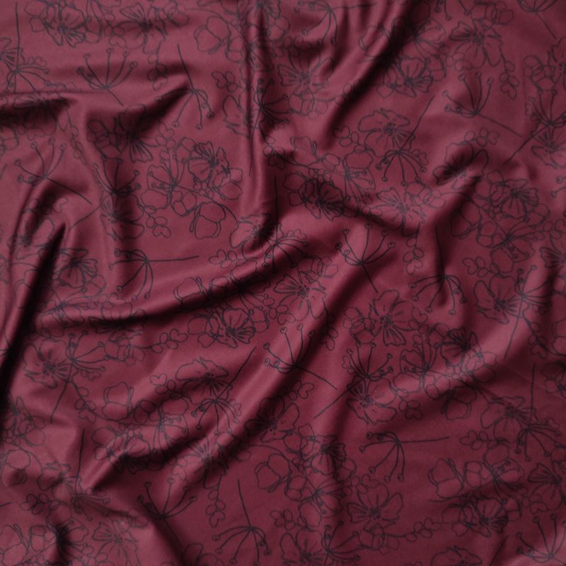 Burgundy stretch microfiber with black floral print – 4-way elastic

