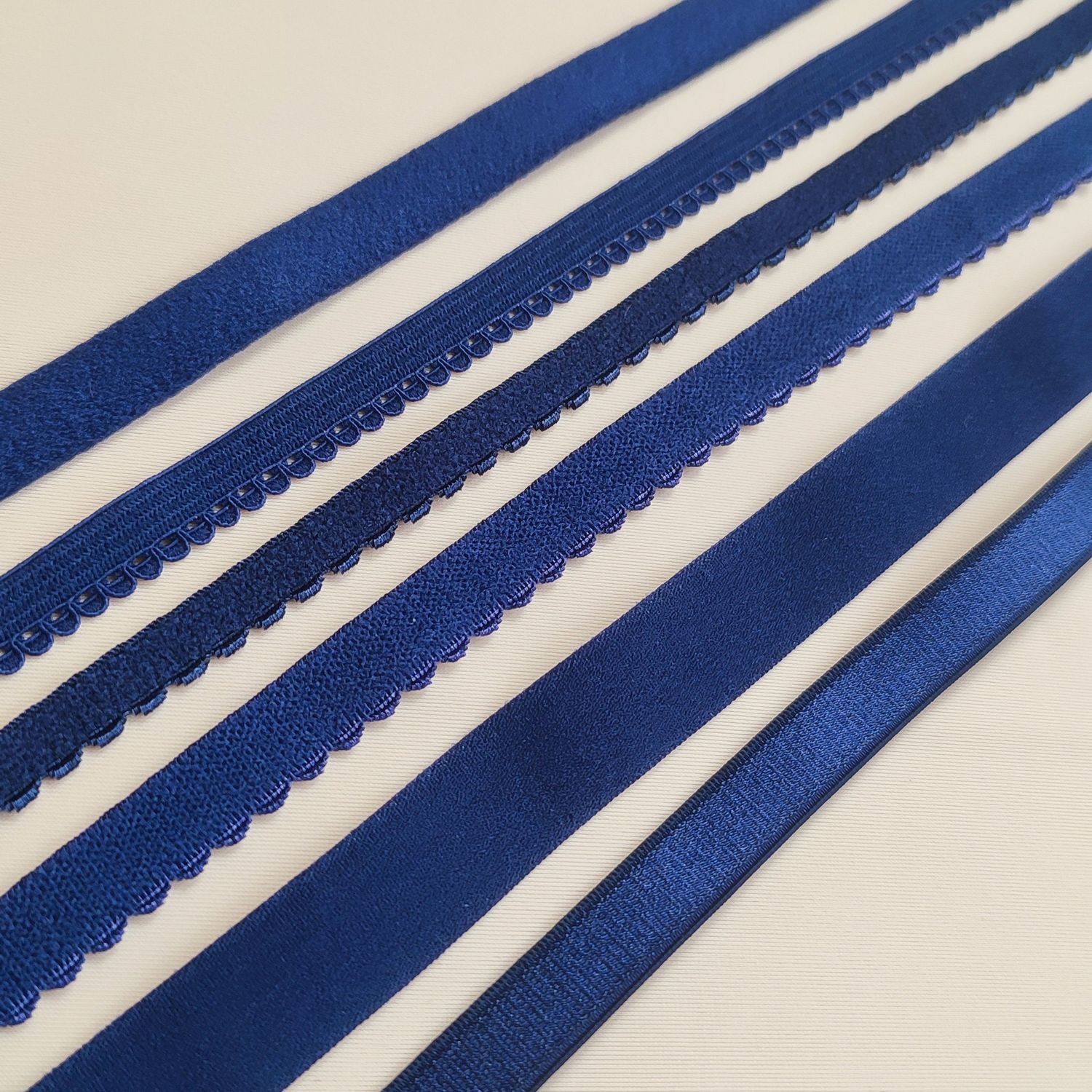 Blue lingerie elastics – channeling, straps, picot, panties elastic and FOE

