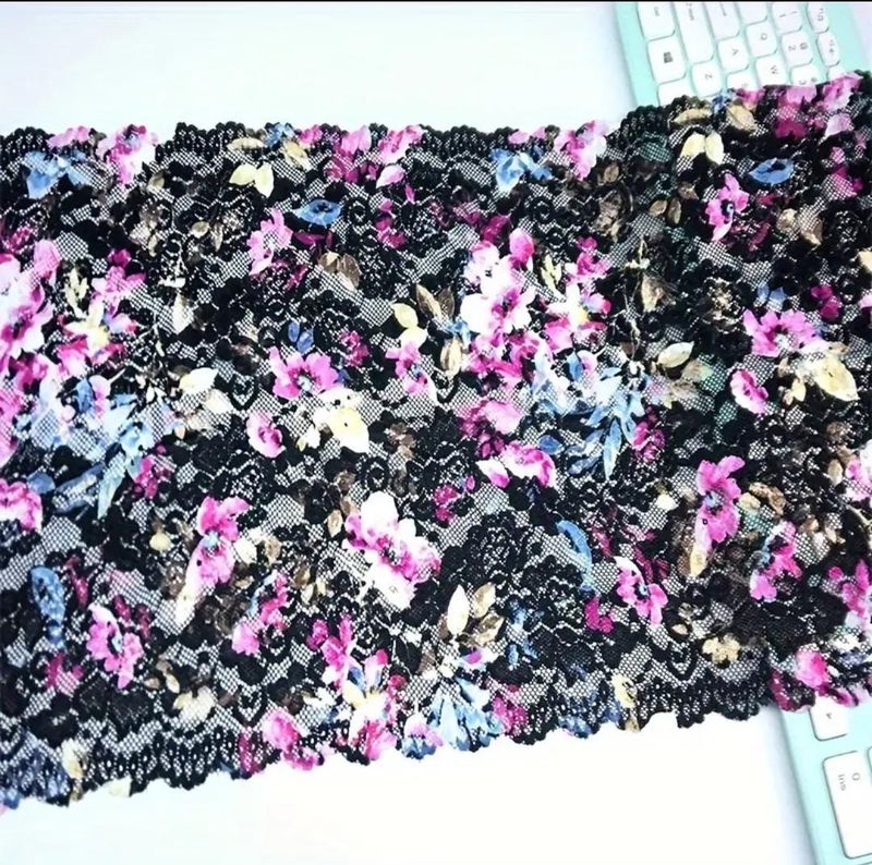 Floral Printed Stretch Lace – Black with Pink, Blue &amp; Yellow Flowers