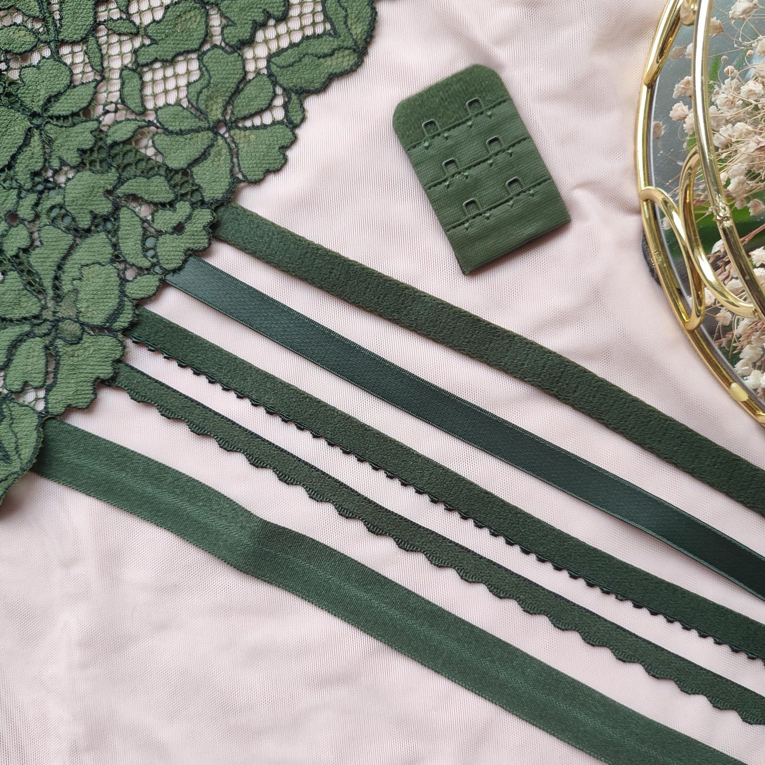 Khaki green lingerie elastics – straps, picot, channeling and fold over elastic for sewing bras and panties