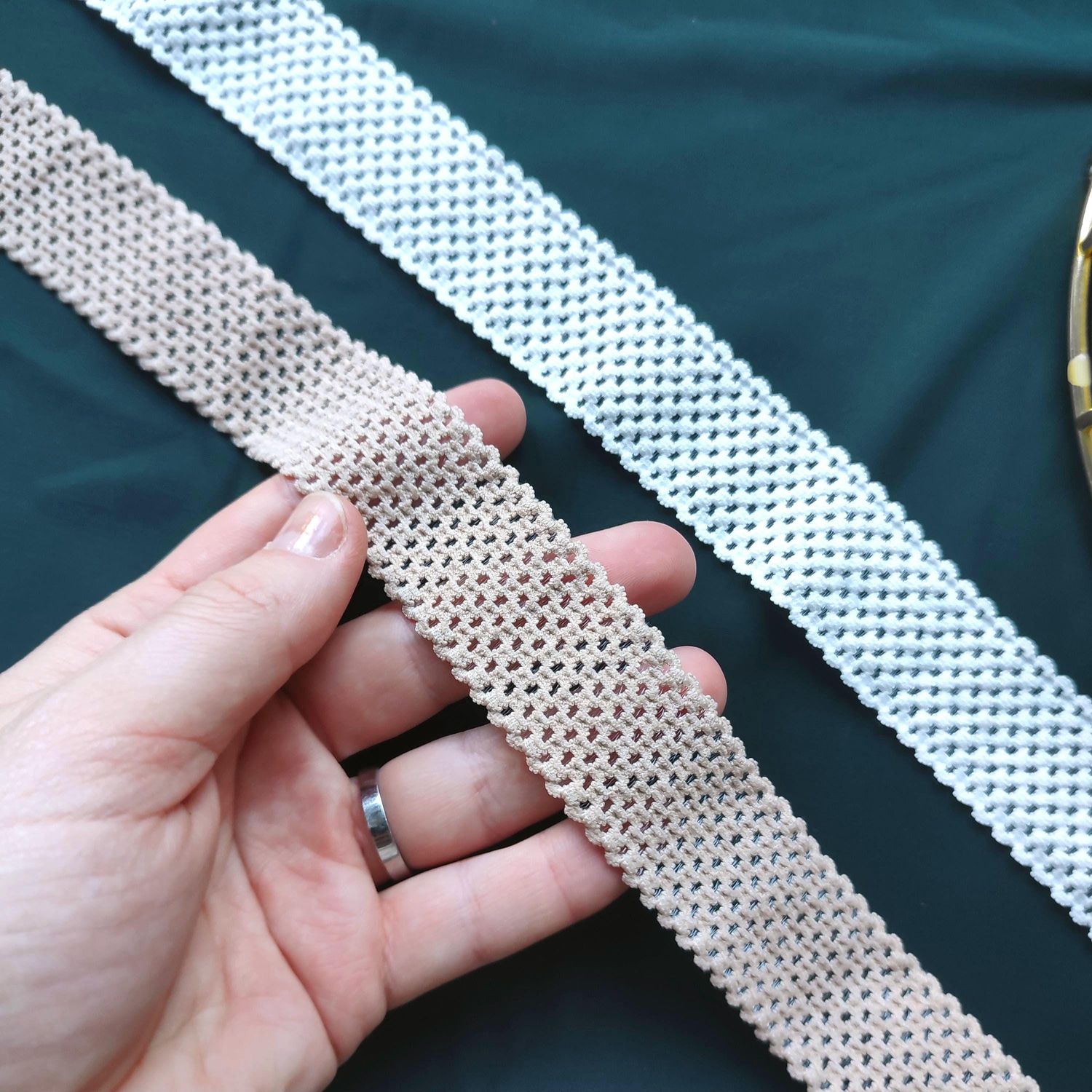 25mm wide honeycomb lingerie elastic in beige and white

