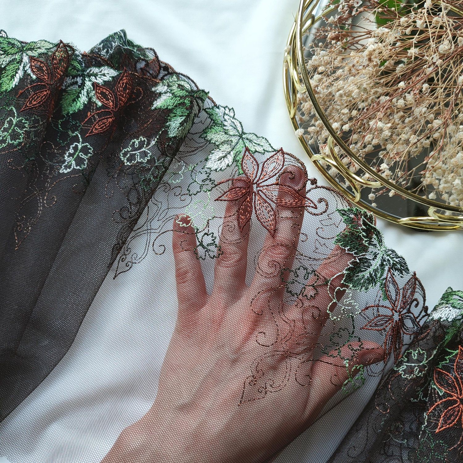 Brown Embroidered Lace with Autumn Leaves