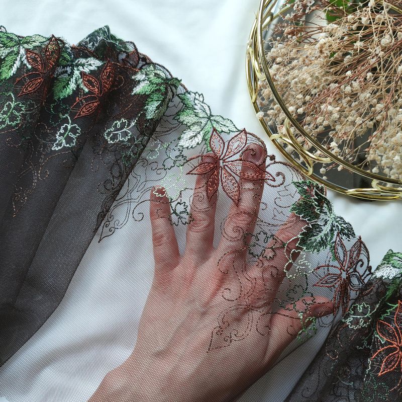 Brown Embroidered Lace with Autumn Leaves