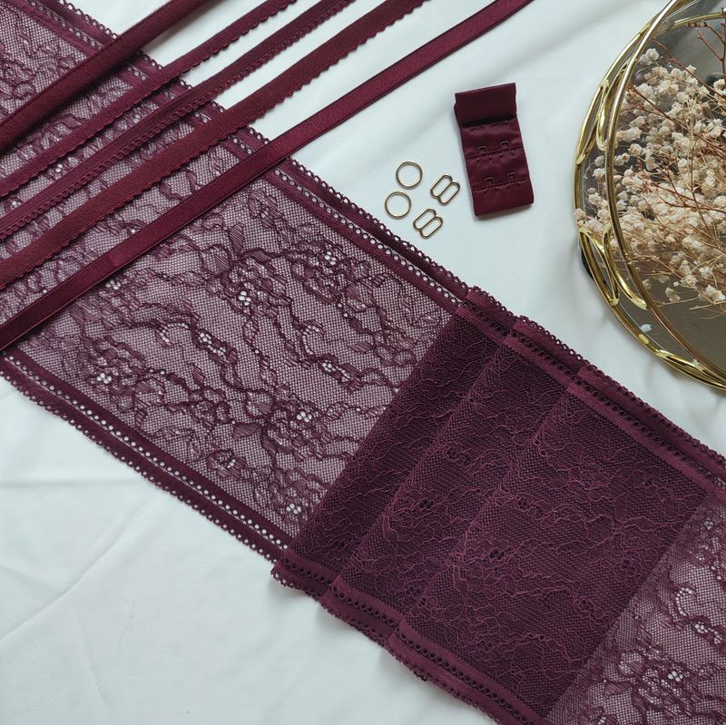 Burgundy lingerie sewing kit with elastic lace, elastics, and accessories
