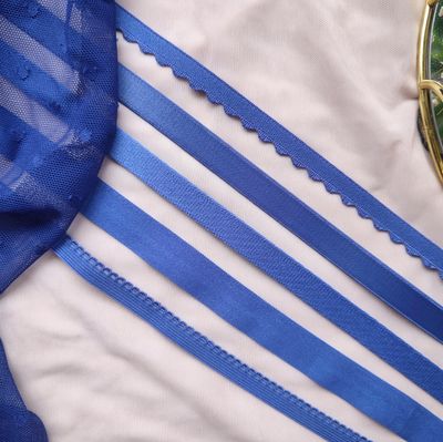 Cornflower blue lingerie elastics in assorted types and widths

