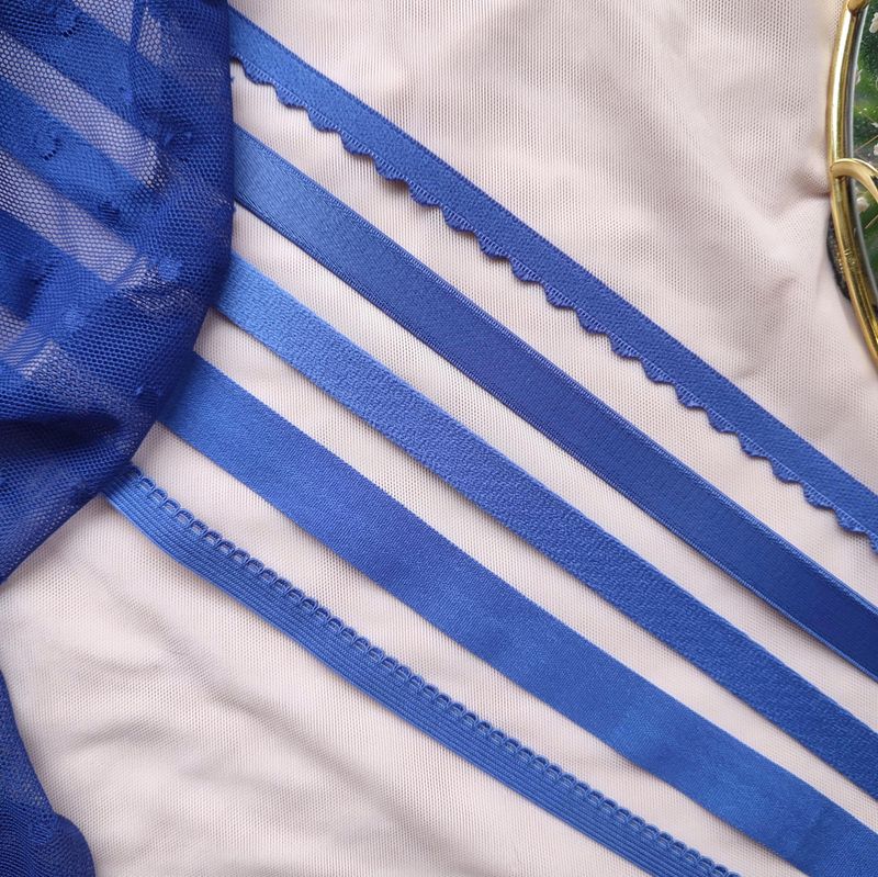 Cornflower blue lingerie elastics in assorted types and widths

