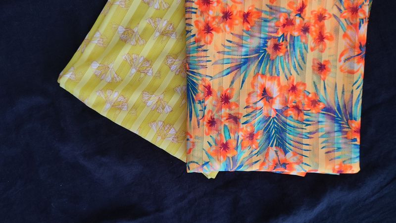 Tropical print and yellow floral stripe stretch mesh for lingerie sewing

