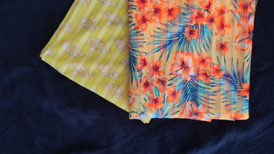 Tropical print and yellow floral stripe stretch mesh for lingerie sewing

