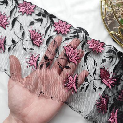 Embroidered Lace – Pink Floral on Black Tulle