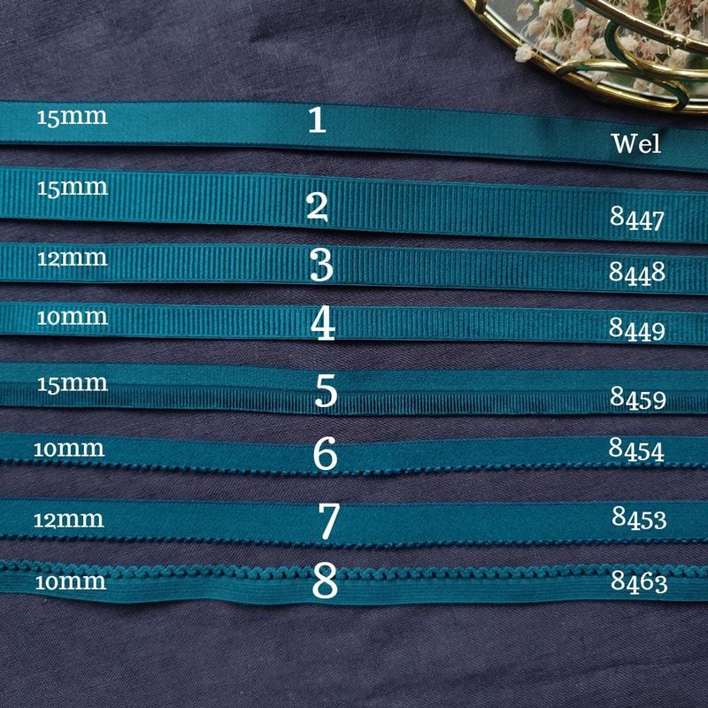 Teal lingerie elastics in various widths and styles